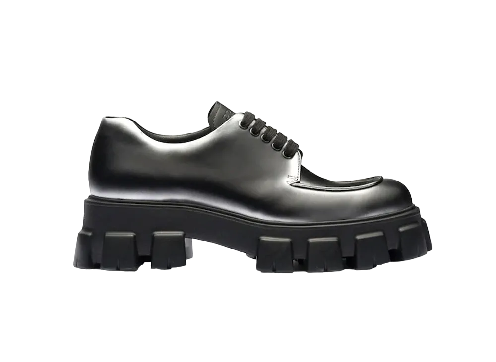 PRADA Monolith Nuanced Brushed Leather Lace Up Shoes "Black/Silver"