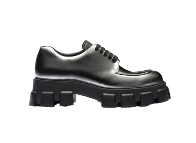 PRADA Monolith Nuanced Brushed Leather Lace Up Shoes "Black/Silver"