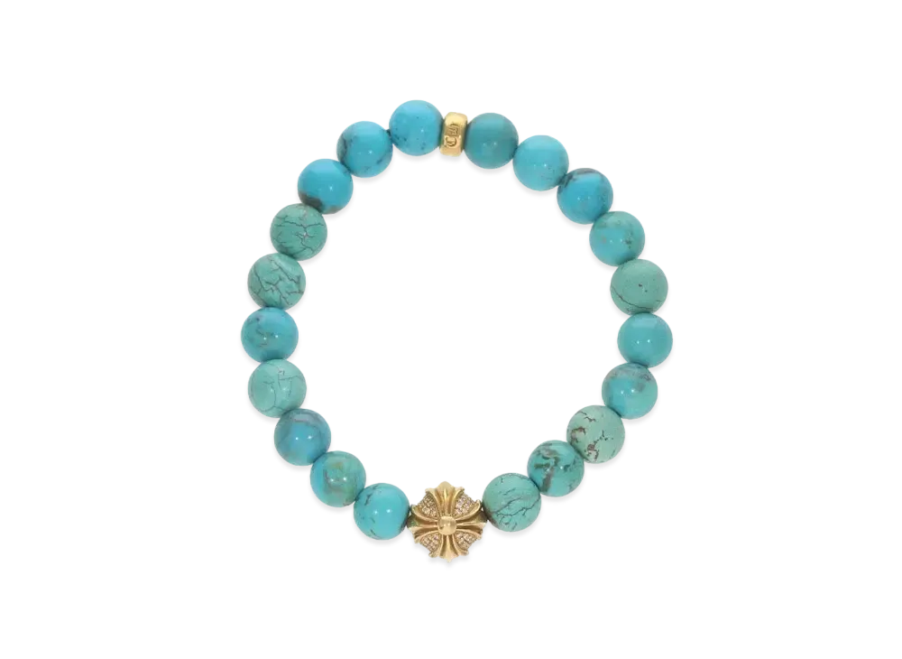 Chrome Hearts 22K 8mm Beads Pave Diamond Bracelet "Turquoise Blue/Yellow Gold"