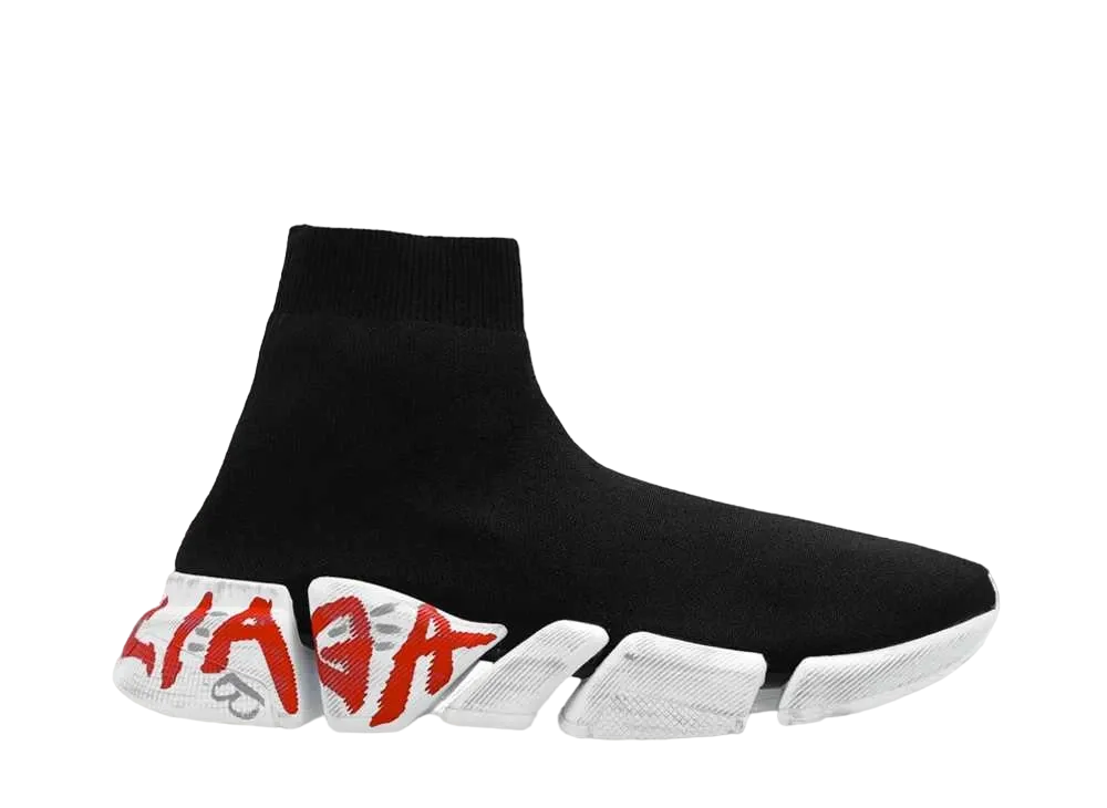 バレンシアガ ウィメンズ スピード 2.0 グラフィティ スニーカー リサイクルニット "ブラック/ホワイト/レッド"