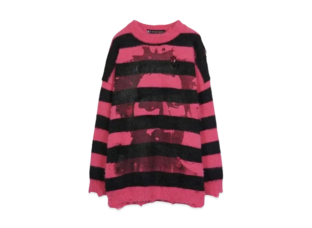 A GOOD BAD INFLUENCE HAND PRINTED FACE LOGO SWEATER(BLACK INK) "BLACK RED"