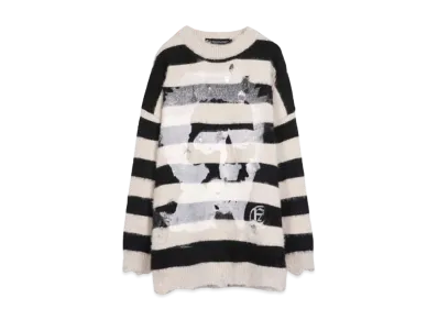 A GOOD BAD INFLUENCE HAND PRINTED FACE LOGO SWEATER(WHITE INK) "BLACK WHITE"