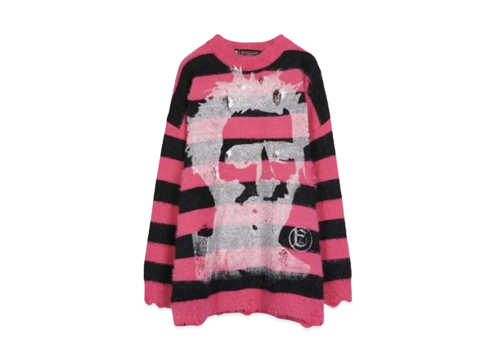 A GOOD BAD INFLUENCE HAND PRINTED FACE LOGO SWEATER(WHITE INK) "BLACK RED"