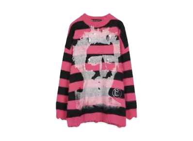 A GOOD BAD INFLUENCE HAND PRINTED FACE LOGO SWEATER(WHITE INK) "BLACK RED"