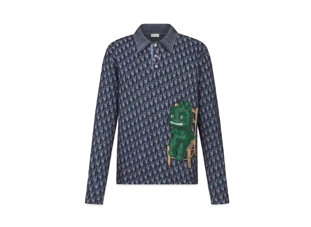 Dior & Otani Workshop Long Sleeved Polo Shirt Cotton Mohair and Alpaca Jacquard "Navy Blue"
