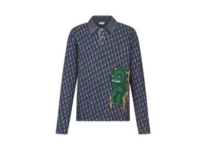 Dior & Otani Workshop Long Sleeved Polo Shirt Cotton Mohair and Alpaca Jacquard "Navy Blue"