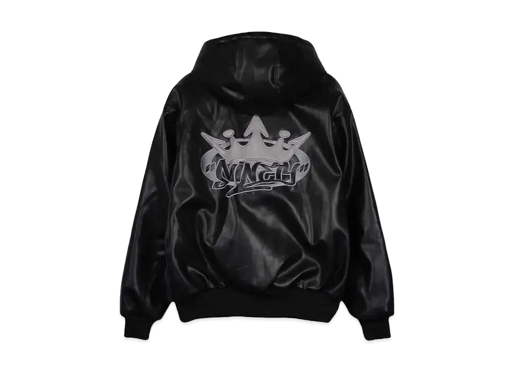 9090 King Logo Synthetic Leather Hooded Jacket "Black"