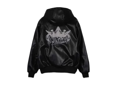 9090 King Logo Synthetic Leather Hooded Jacket "Black"