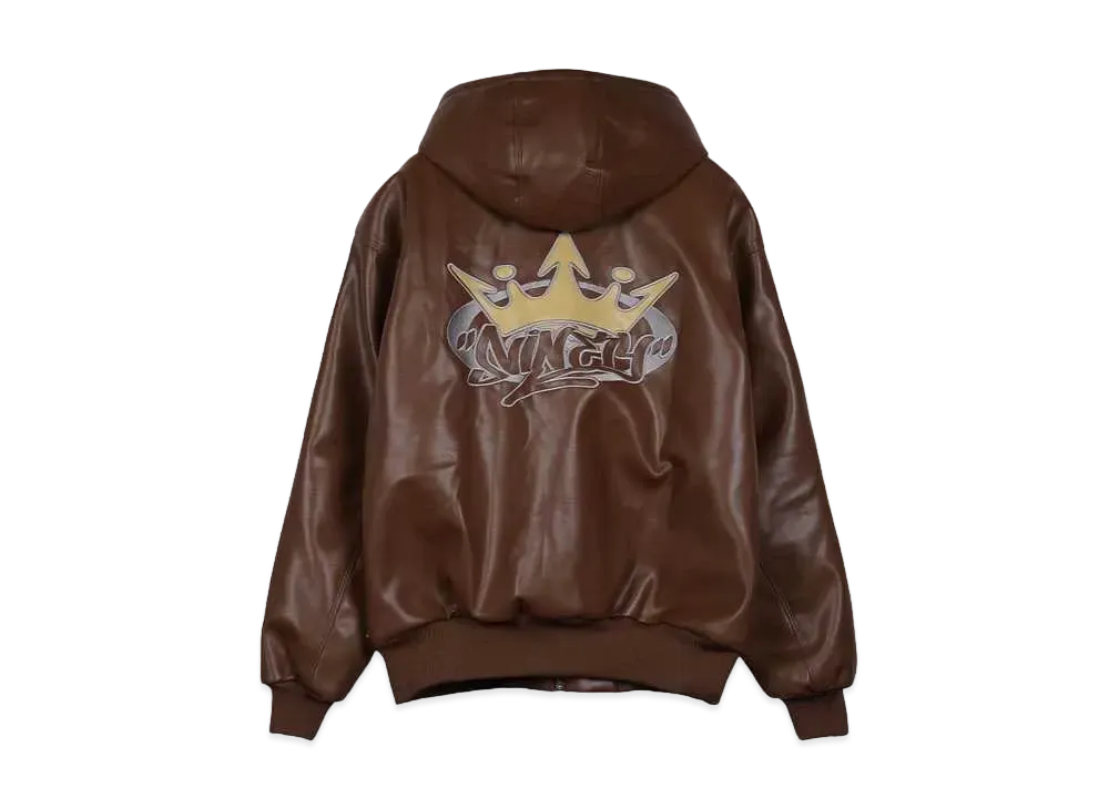 9090 King Logo Synthetic Leather Hooded Jacket "Brown"