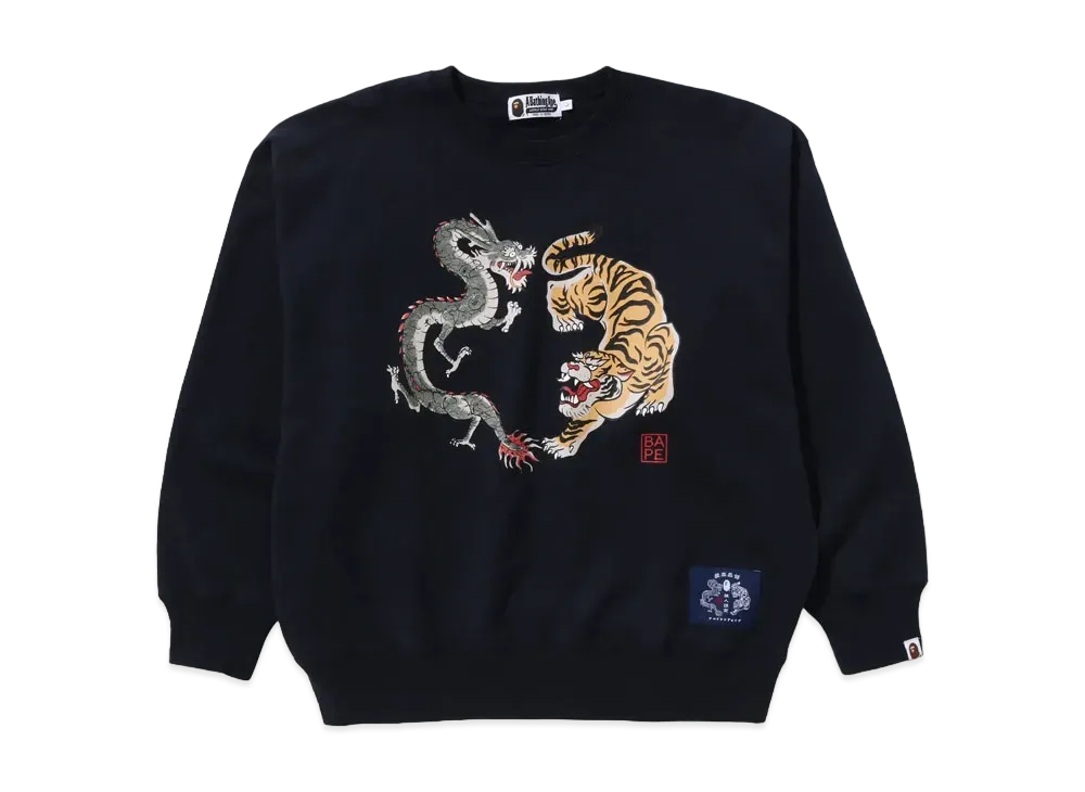A BATHING APE Tiger And Dragon Relaxed Fit Crewneck Sweatshirt "Navy"