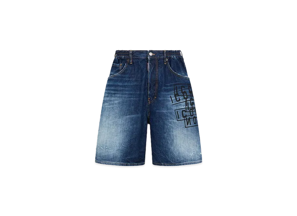 Dsquared2 Icon Dark Wash Stamps Surfer Denim Shorts "Navy"