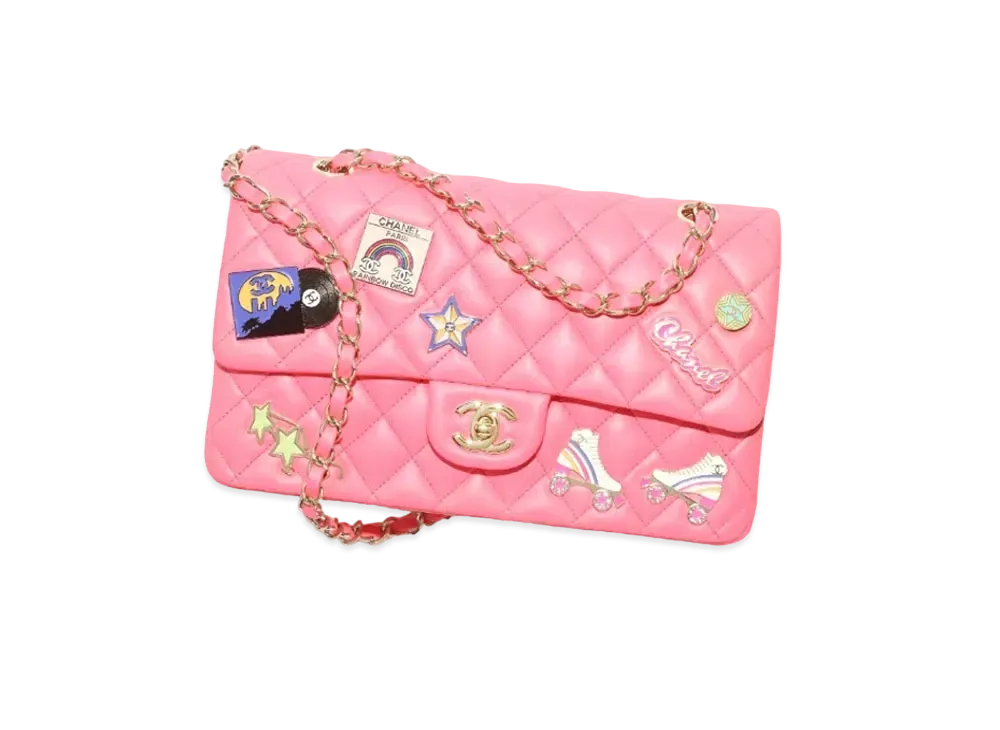 CHANEL Classic Handbag Lambskin Enamel & Gold-Tone Metal "Coral Pink"