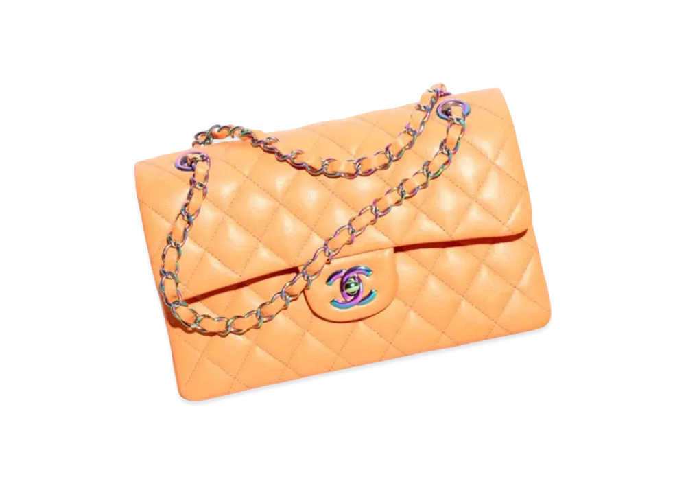 CHANEL Small Classic Handbag Shiny Grained Calfskin & Rainbow Metal "Orange"