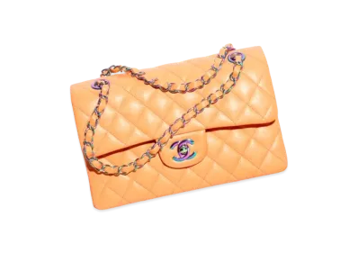 CHANEL Small Classic Handbag Shiny Grained Calfskin & Rainbow Metal "Orange"