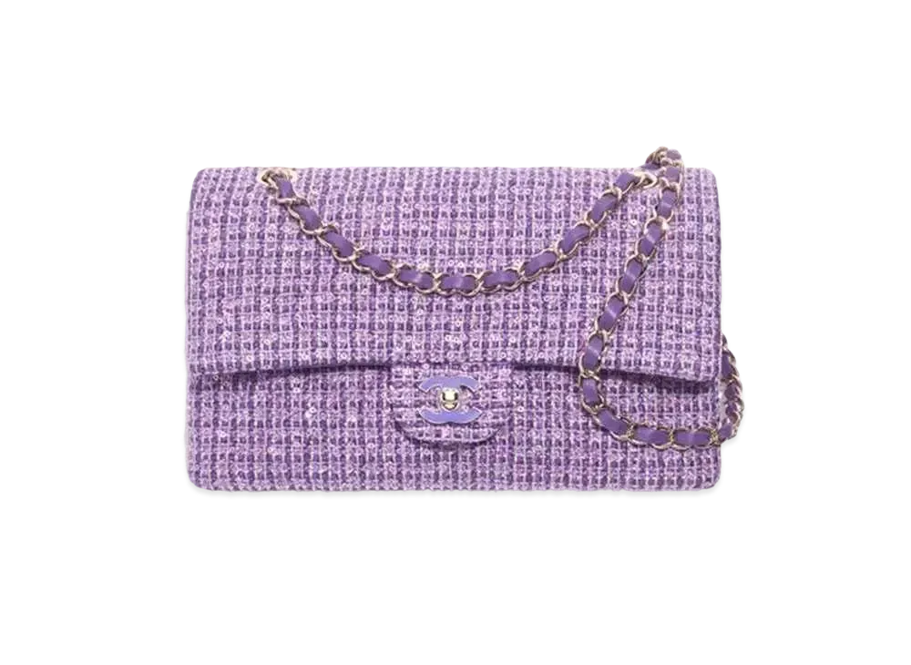 CHANEL Classic Handbag Tweed Enamel Sequins & Gold-Tone Metal "Purple/Silver"