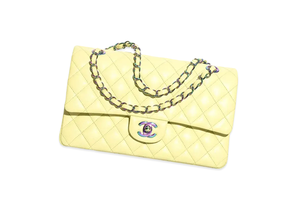 CHANEL Classic Handbag Shiny Grained Calfskin & Rainbow Metal"Yellow"