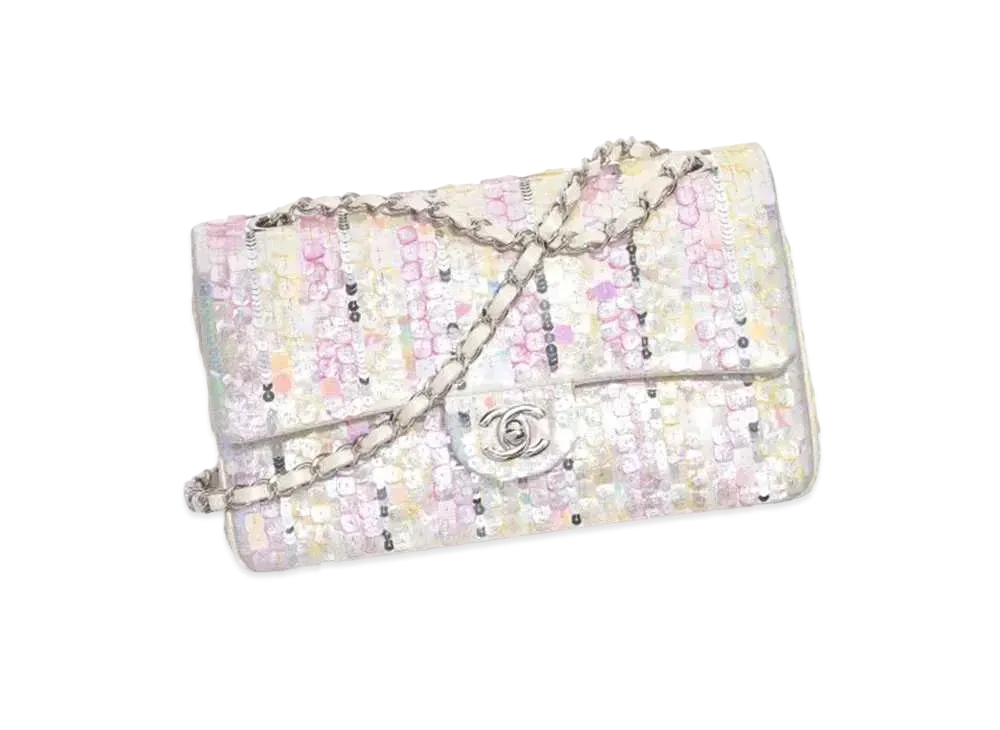 CHANEL Classic Handbag Embroidered Satin, Sequins & Silver-Tone Metal "Silver/Light Pink/Light Yellow"