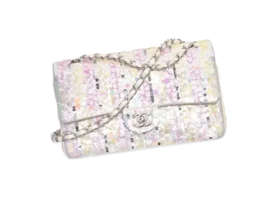 CHANEL Classic Handbag Embroidered Satin, Sequins & Silver-Tone Metal "Silver/Light Pink/Light Yellow"