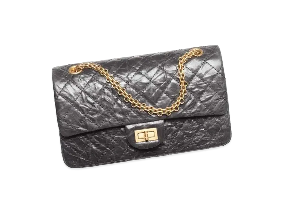CHANEL 2.55 Handbag Shiny Crumpled Calfskin & Gold-Tone Metal "Dark Gray"
