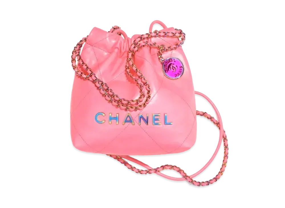 CHANEL 22 Mini Handbag Shiny Calfskin & Rainbow Metal "Coral Pink"