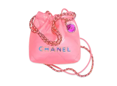 CHANEL 22 Mini Handbag Shiny Calfskin & Rainbow Metal "Coral Pink"