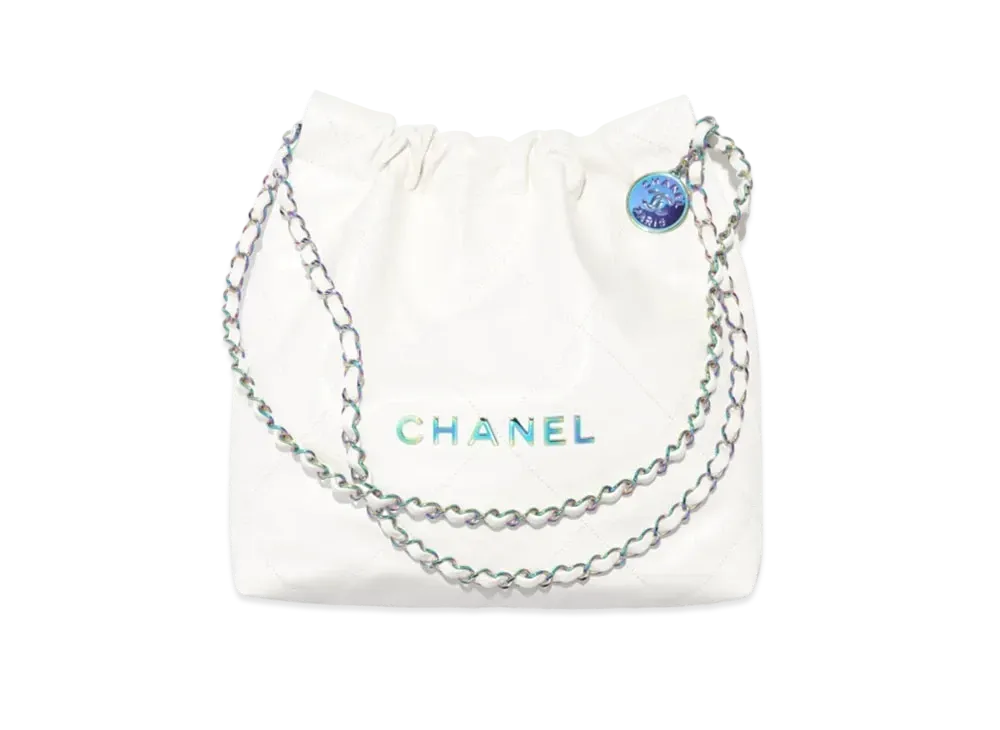 CHANEL 22 Small Handbag Shiny Calfskin & Rainbow Metal "White"