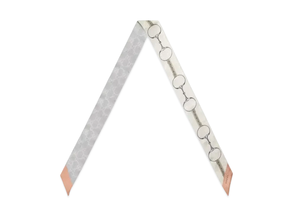 GUCCI Horsebit Print Silk Neck Bow "Light Grey/Pink"