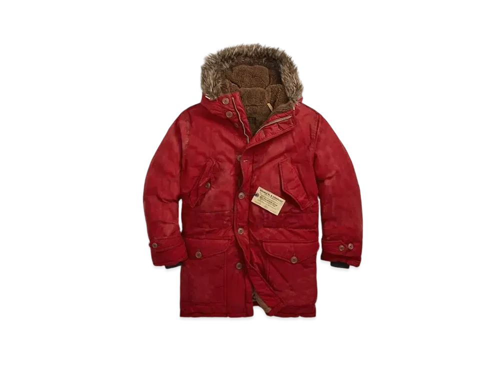 RRL Ralph Lauren Faux Fur Trimmed Oilcloth Hoodie "Red"
