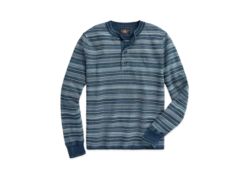 RRL Ralph Lauren Striped Cotton Henley Sweater "Navy"