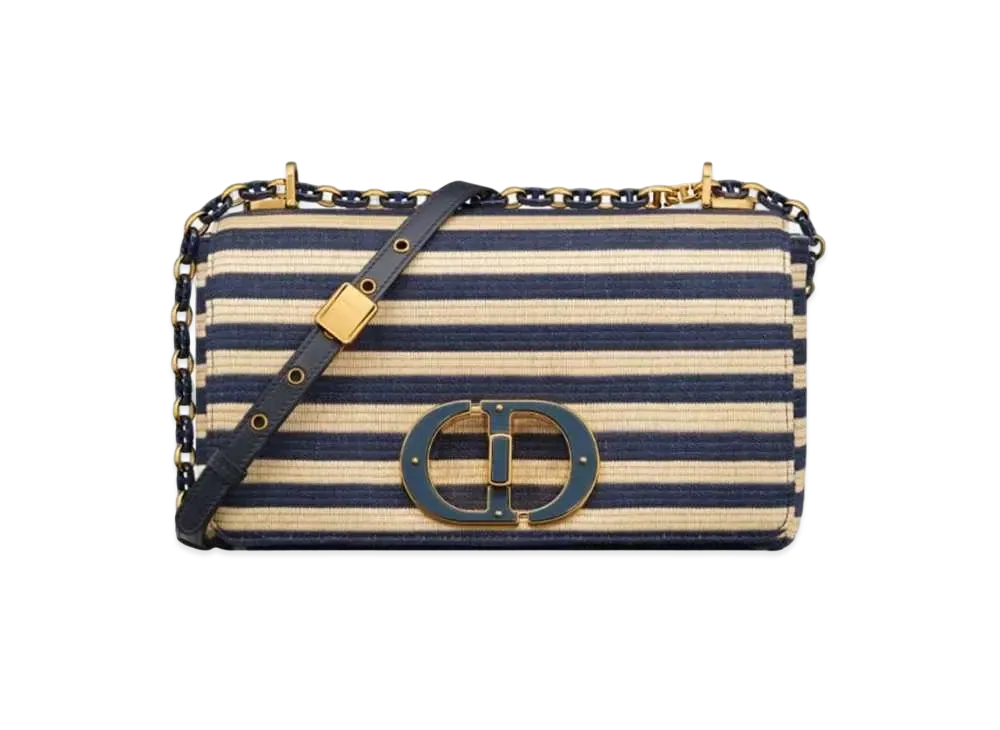Dior Medium Caro Bag Mariniere Raffia "Natural/Denim Blue"