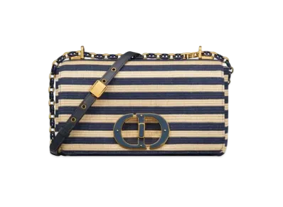 Dior Medium Caro Bag Mariniere Raffia "Natural/Denim Blue"