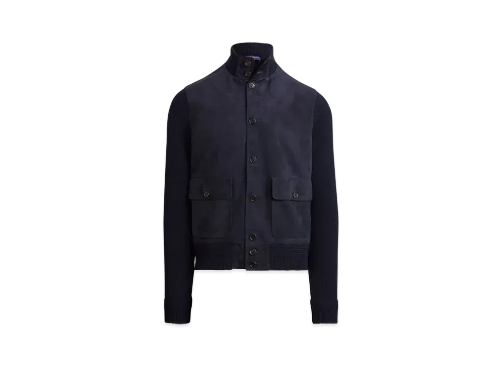 Ralph Lauren Purple Label Suede Front Cashmere Cardigan "Navy"