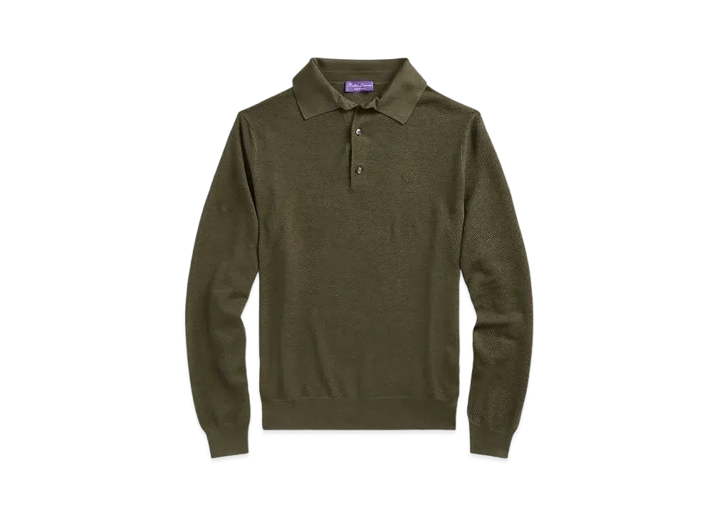 Ralph Lauren Purple Label Monogram Silk Blend Polo Collar Sweater "Brown"