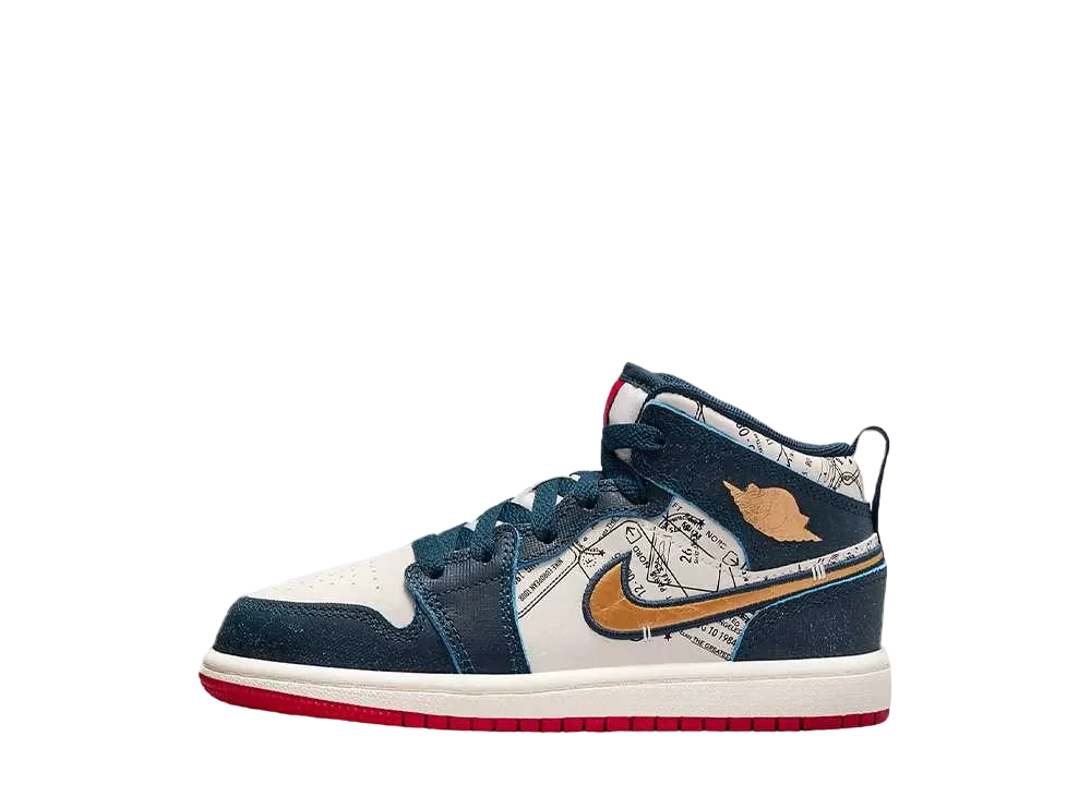 Nike PS Jordan 1 Mid SE "Armory Navy/Pale Ivory/Sport Red/Metallic Gold"