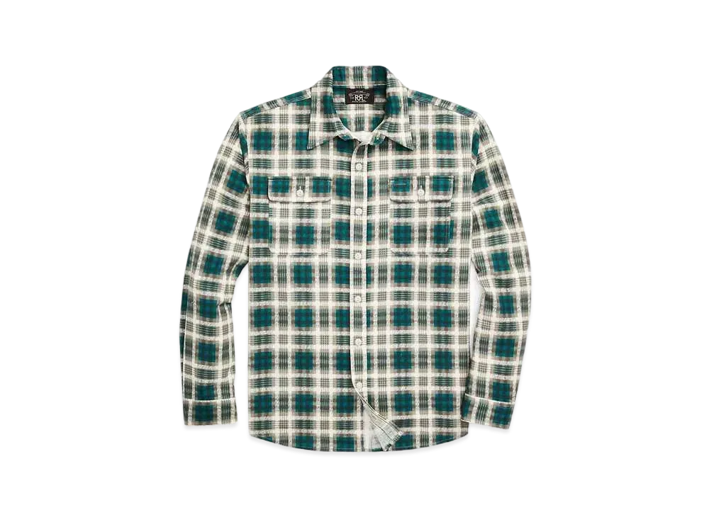 RRL Ralph Lauren Check-Print Chamois Work Shirt "Green"
