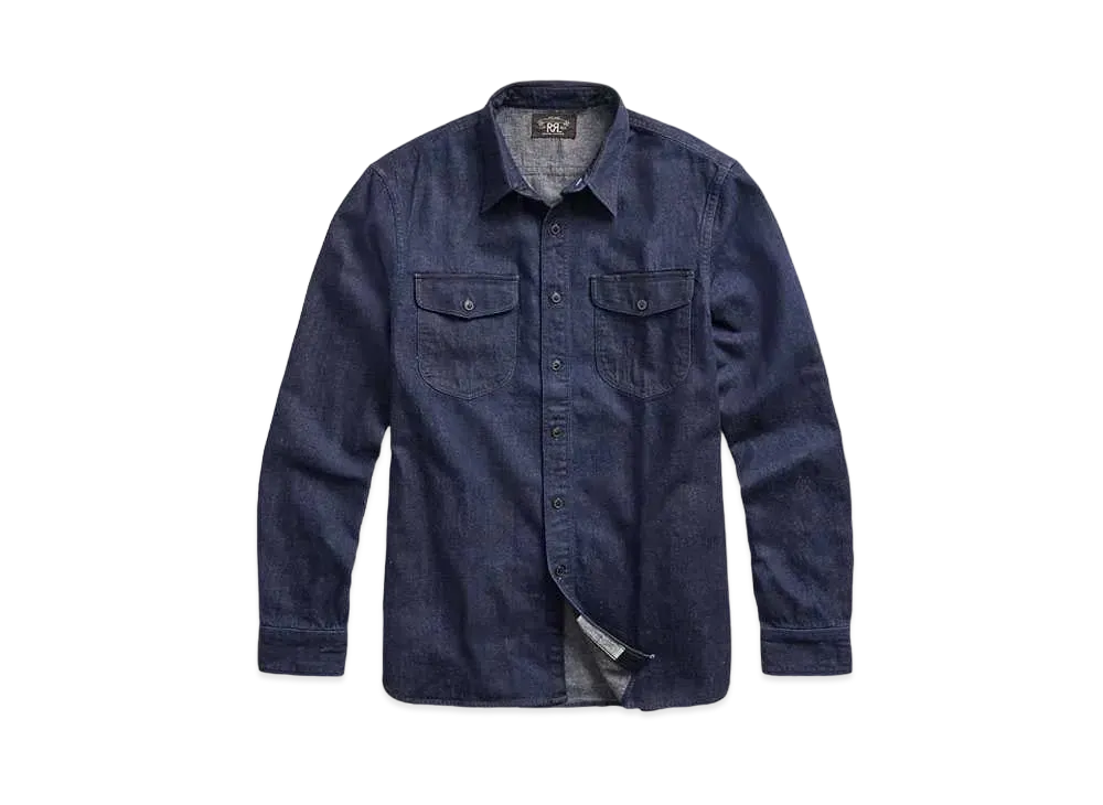 RRL Ralph Lauren Indigo Cotton Linen Denim Work Shirt "Blue"