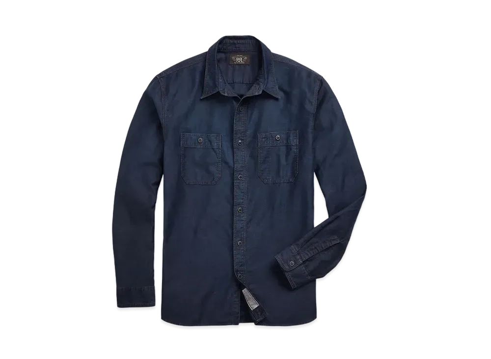 RRL Ralph Lauren Indigo Cotton Linen Satine Work Shirt "Navy"