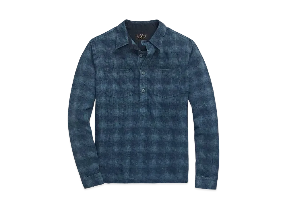 RRL Ralph Lauren Check Print Jersey Popover Work Shirt "Navy"