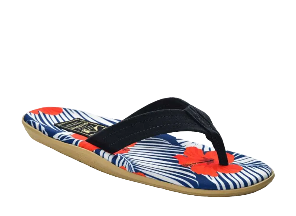 ISLAND SLIPPER Recycled Canvas + Suede "Red Hibiscus/Navy Suede" 21PTLF203
