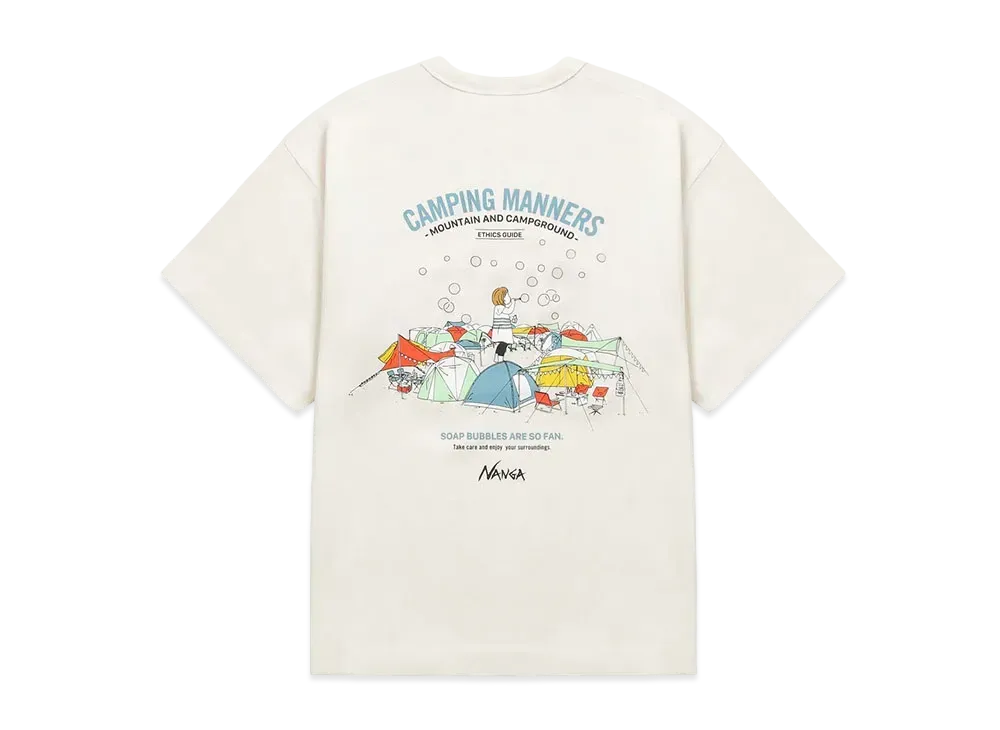 NANGA Eco Hybrid Camping Manners Soap Bubbles Tee(Unisex) "White"