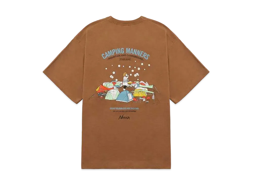 NANGA Eco Hybrid Camping Manners Soap Bubbles Tee(Unisex) "Camel"