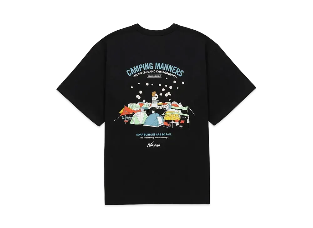 NANGA Eco Hybrid Camping Manners Soap Bubbles Tee(Unisex) "Black"