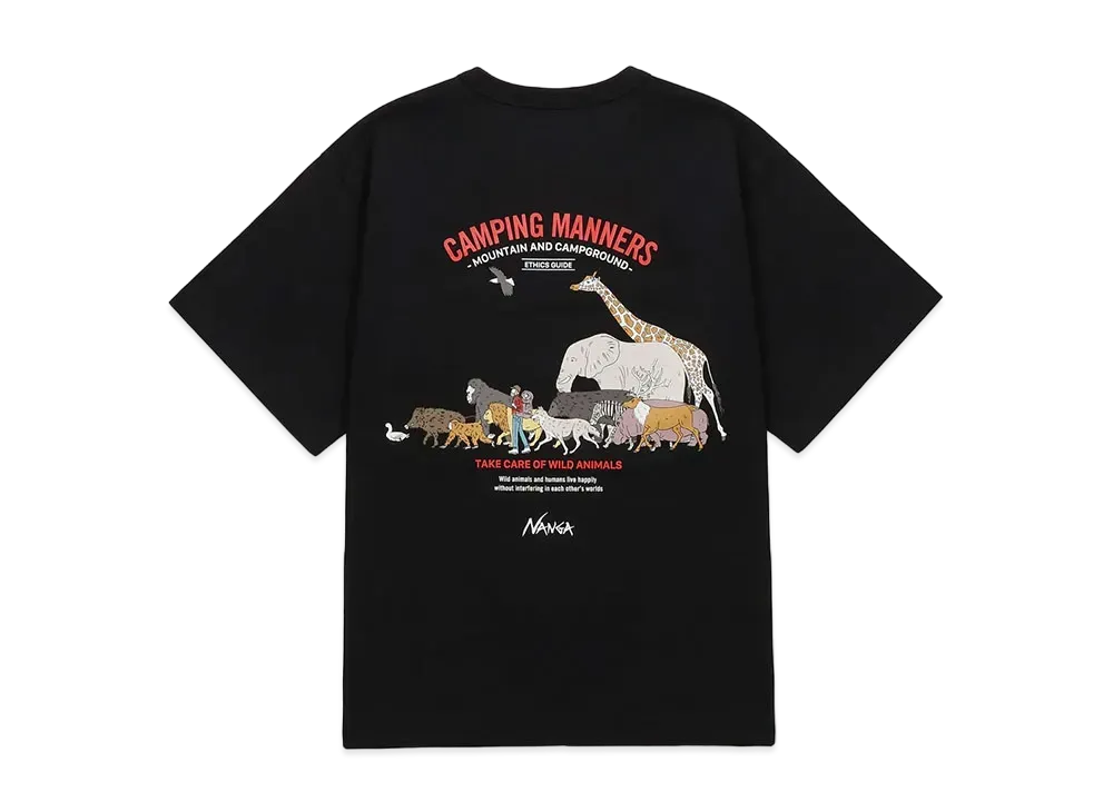 NANGA Eco Hybrid Camping Manners Wild Animals Tee(Unisex) "Black"