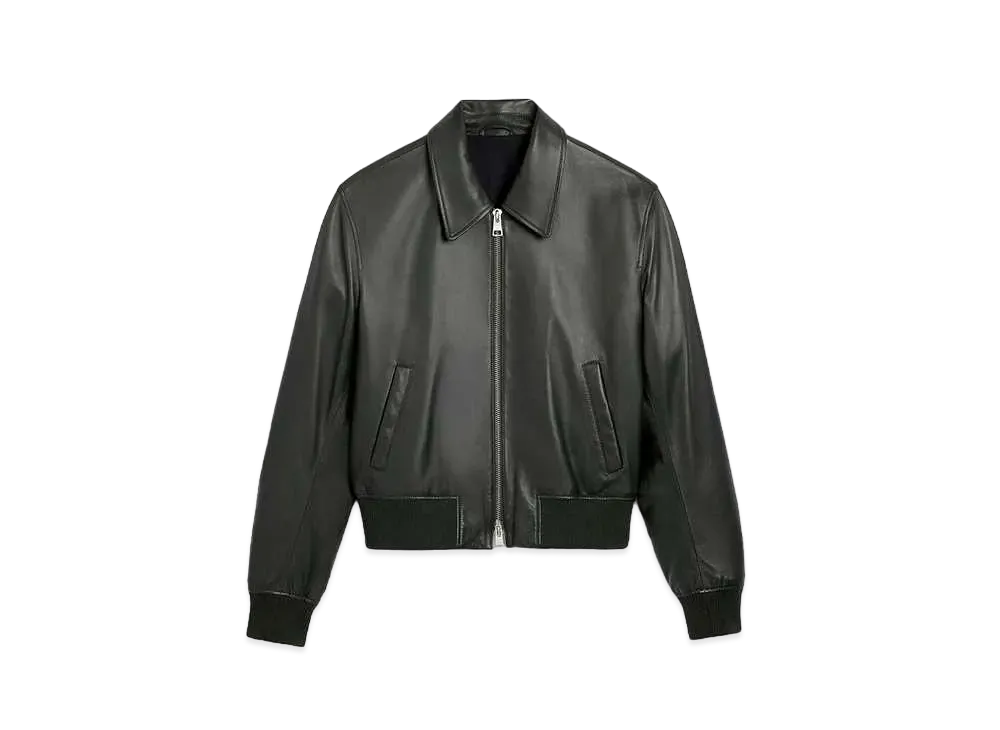 AMI PARIS Smooth Lamb Leather Zip Up Jacket "Dark Olive Green"