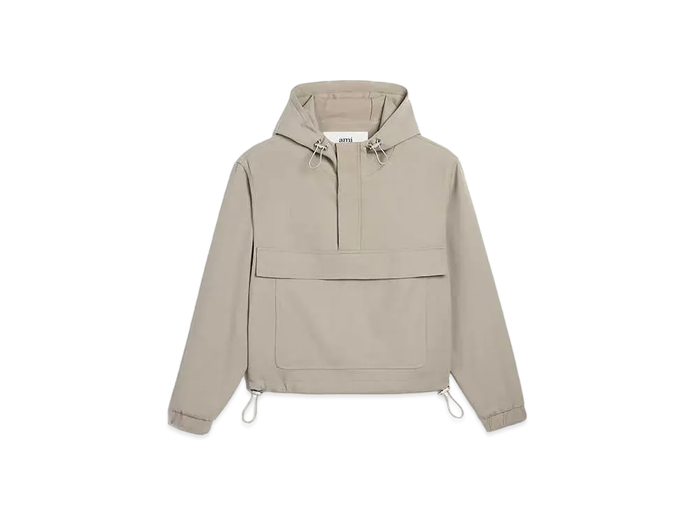 アミ パリス ウール ブレンド ツイル フーディッド ウィンド ブレーカー "ライト トープ"