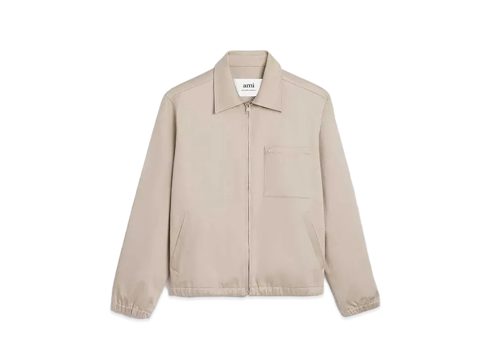 AMI PARIS Compact Cotton Satin Zip Jacket "Light Beige"