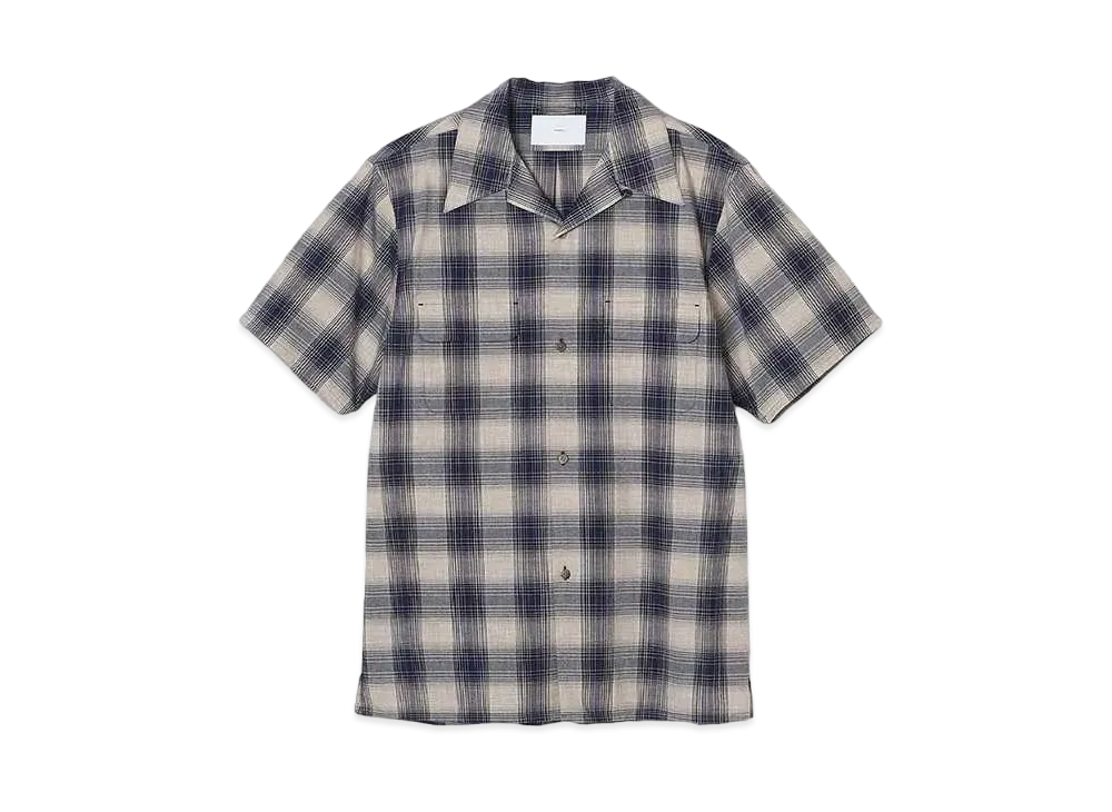 SUGARHILL YAK OMBLE PLAID OPEN COLLER BLOUSE HALF SLEEVE "BLUE OMBRE"