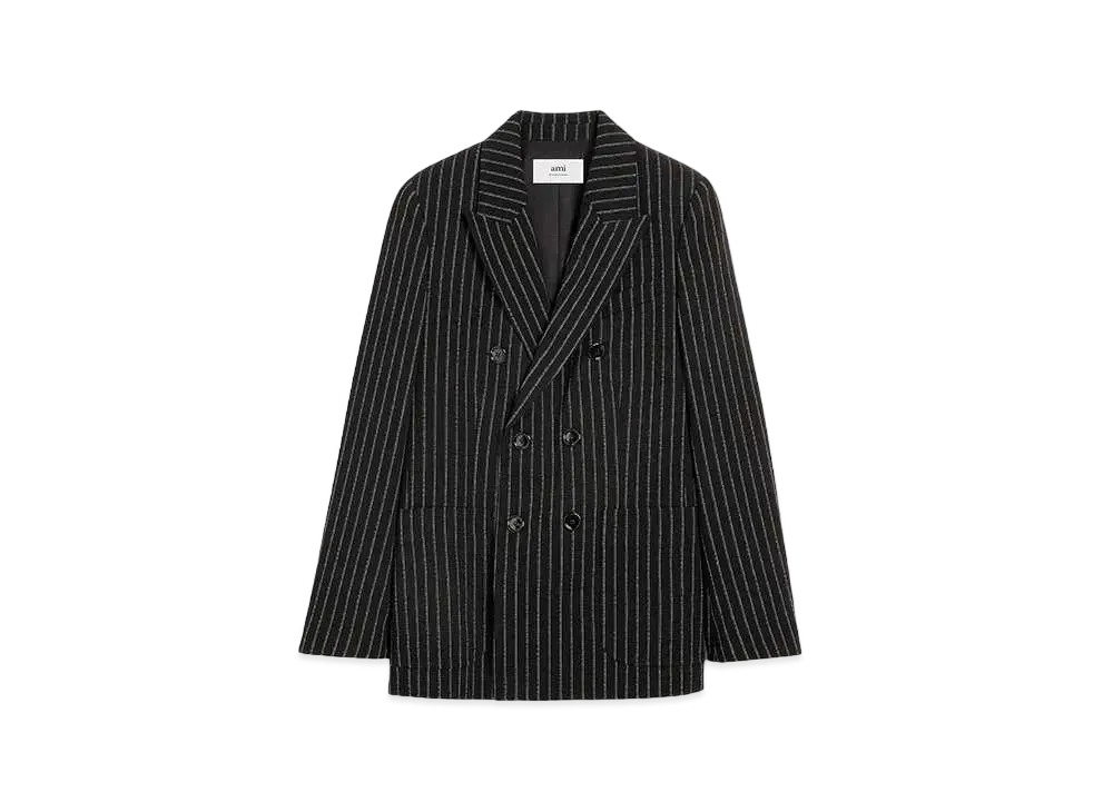 AMI PARIS Stripe Wool Crepe Double Breast Jacket "Black & Chalk"