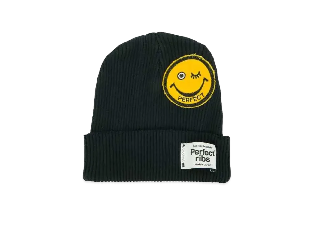 Perfect ribs (SMILE Patch) Rib Beanie Cap "Vintage Black"