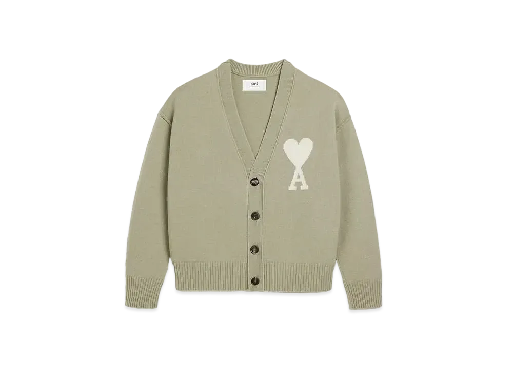 AMI PARIS Merino Wool Felt Cardigan "Sage & Off White"